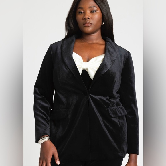 Eloquii Slim Tuxedo Blazer Shawl Collar Black Velvet Pockets 16 NEW - Picture 2 of 12